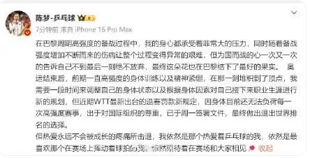 陈梦宣布退出世界排名
