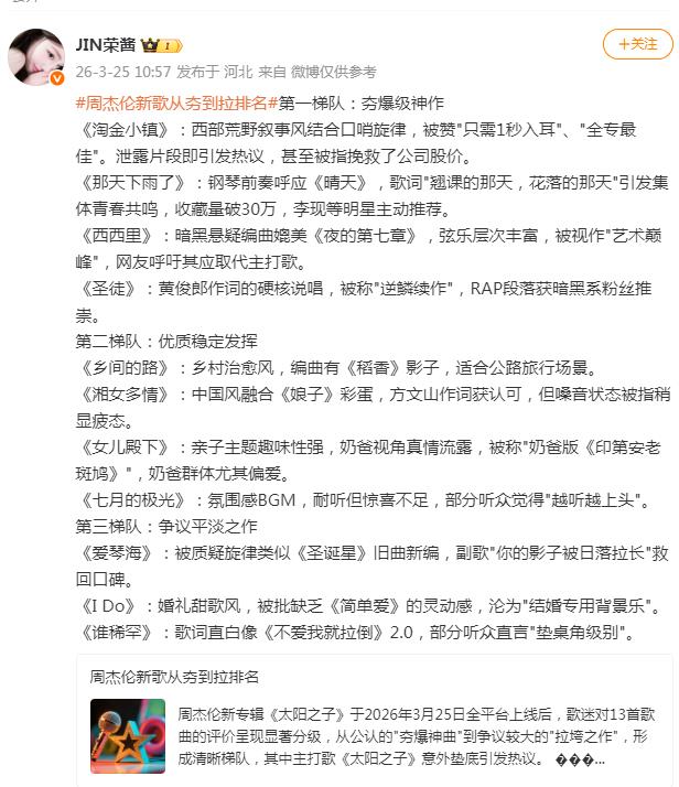 周杰伦新歌从夯到拉排名